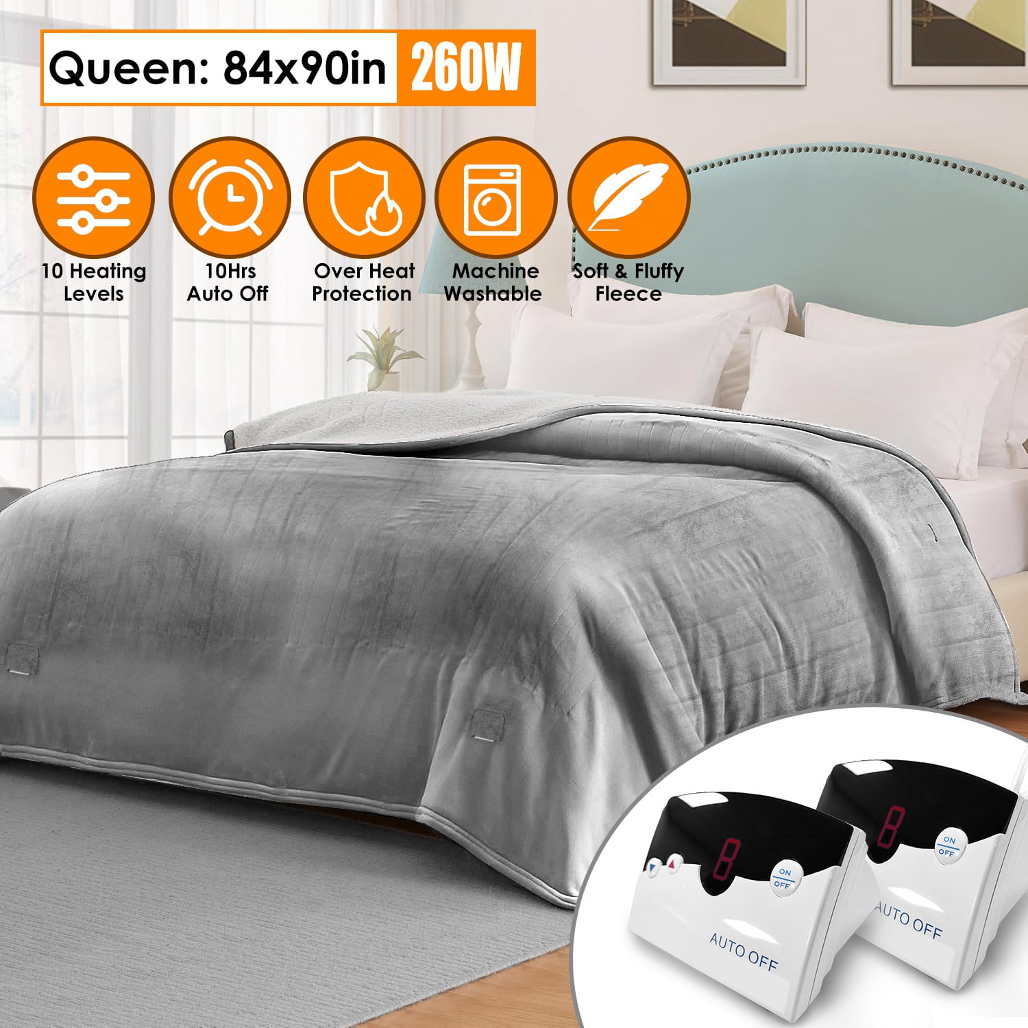 Electric Heated Blanket 90x84" Queen Size Soft Fleece Fast Heating Blanket with 10 Heat Settings 10hrs Timer Auto Shut Off Gray for Home Office