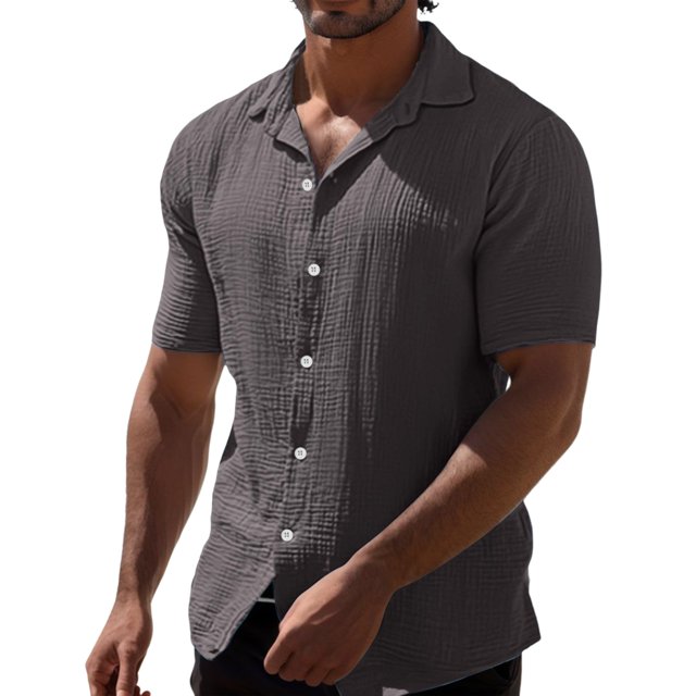 Camisas De Mezclilla Para Hombre Verano para hombre Verano Casual Solapa Color sólido Manga corta Botón Camisa de lino para hombre Ropa para hombre (Grey, XL)