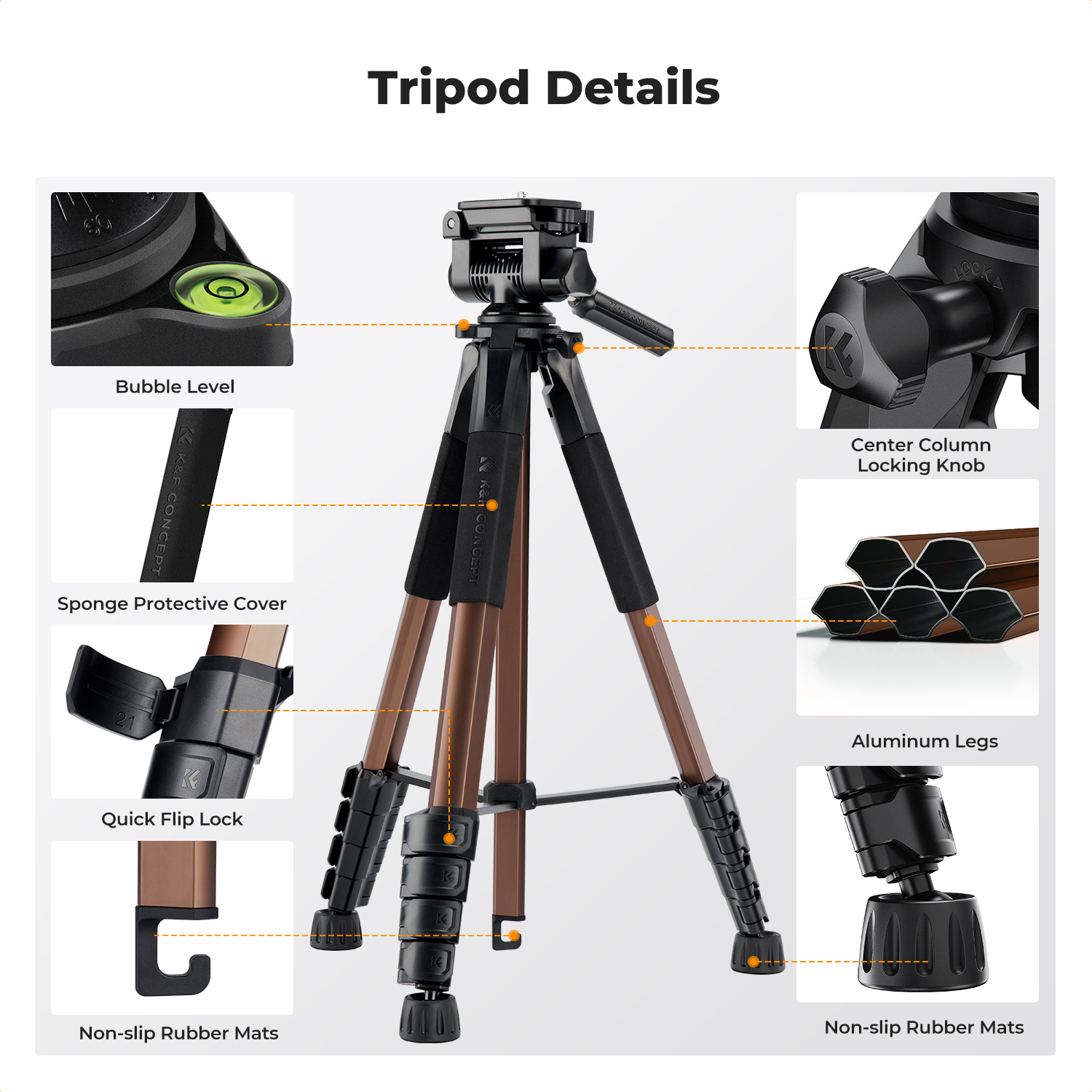 K&F CONCEPT Camera Tripod, 75" Lightweight Travel Outdoor DSLR Tripods for Recording , Cellphone Clip for Live Streaming Vlog (Bronze Gold)