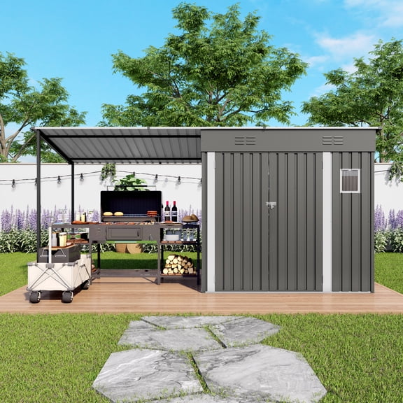 Jopath 12x4FT Metal Lean to Shed with Open-Sided Pergola , 4'x6' Outdoor Storage Shed and 6'x4' Attached Hardtop Gazebo Combo, 2-in-1 Sheds & Outdoor Storage tool Shed for Patio, Backyard,Garden