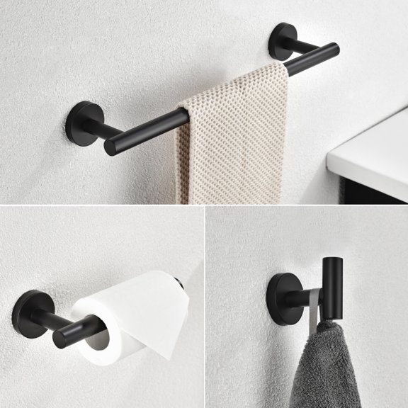 3-Pieces Set Bathroom Hardware, SUS304 Stainless Steel Round Wall Mounted - Includes Hand Towel Bar, Toilet Paper Holder, Robe Towel Hooks, Black