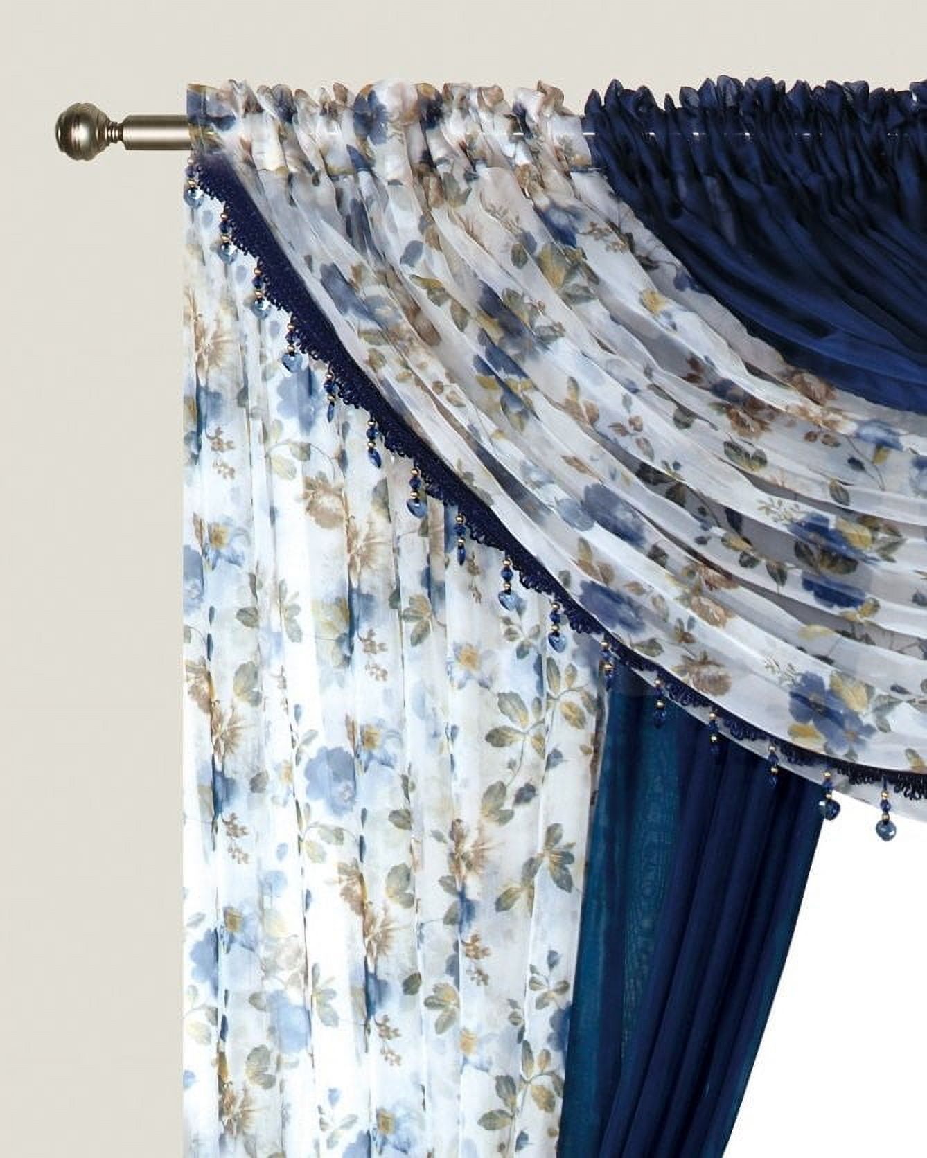 Plume D' Home Two-Tone curtains with attached valances and tiebacks Lorena (Blue Rose Navy)