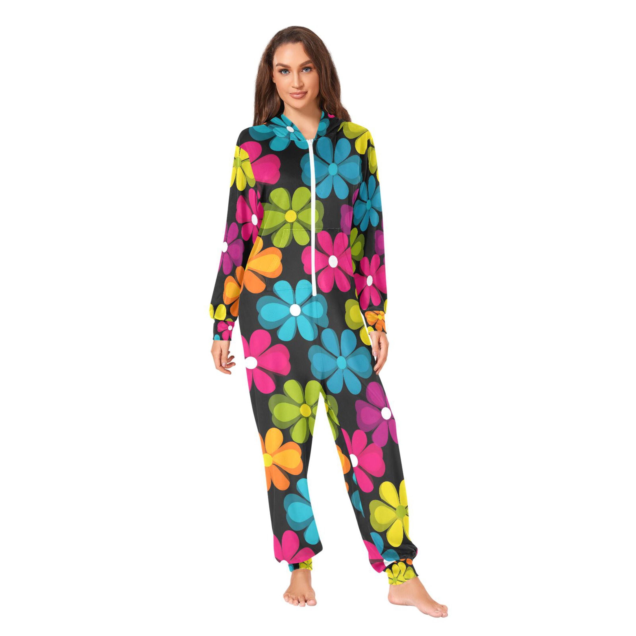 Adult Christmas Onesie Hipster Retro Style Flowers Adult Zipper One-Piece Pajamas Unisex Pajamas with Pockets