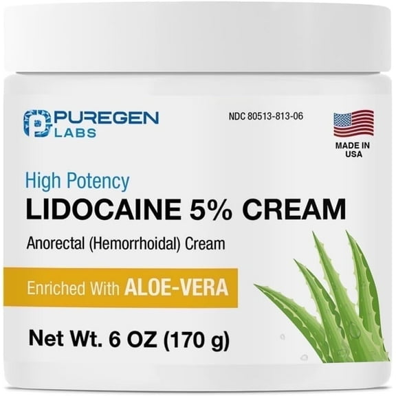 Puregen Labs Pain Relieving Cream with Lidocaine 5%, 6 Oz