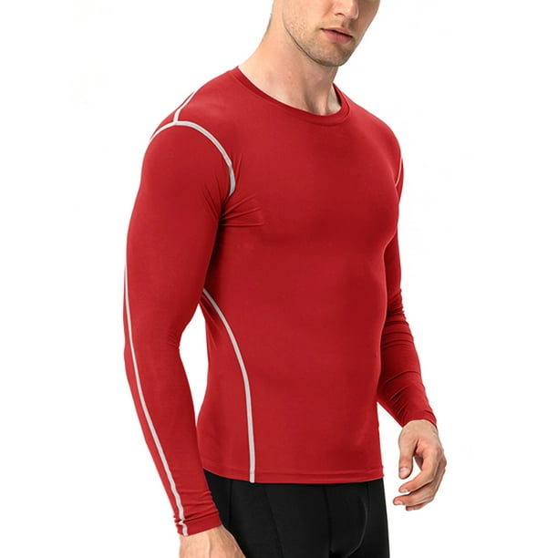 Innerwin Muscle Tops Long Sleeve Mens Sport T Shirt Gym Baselayer Casual Compression  Shirts Red L 