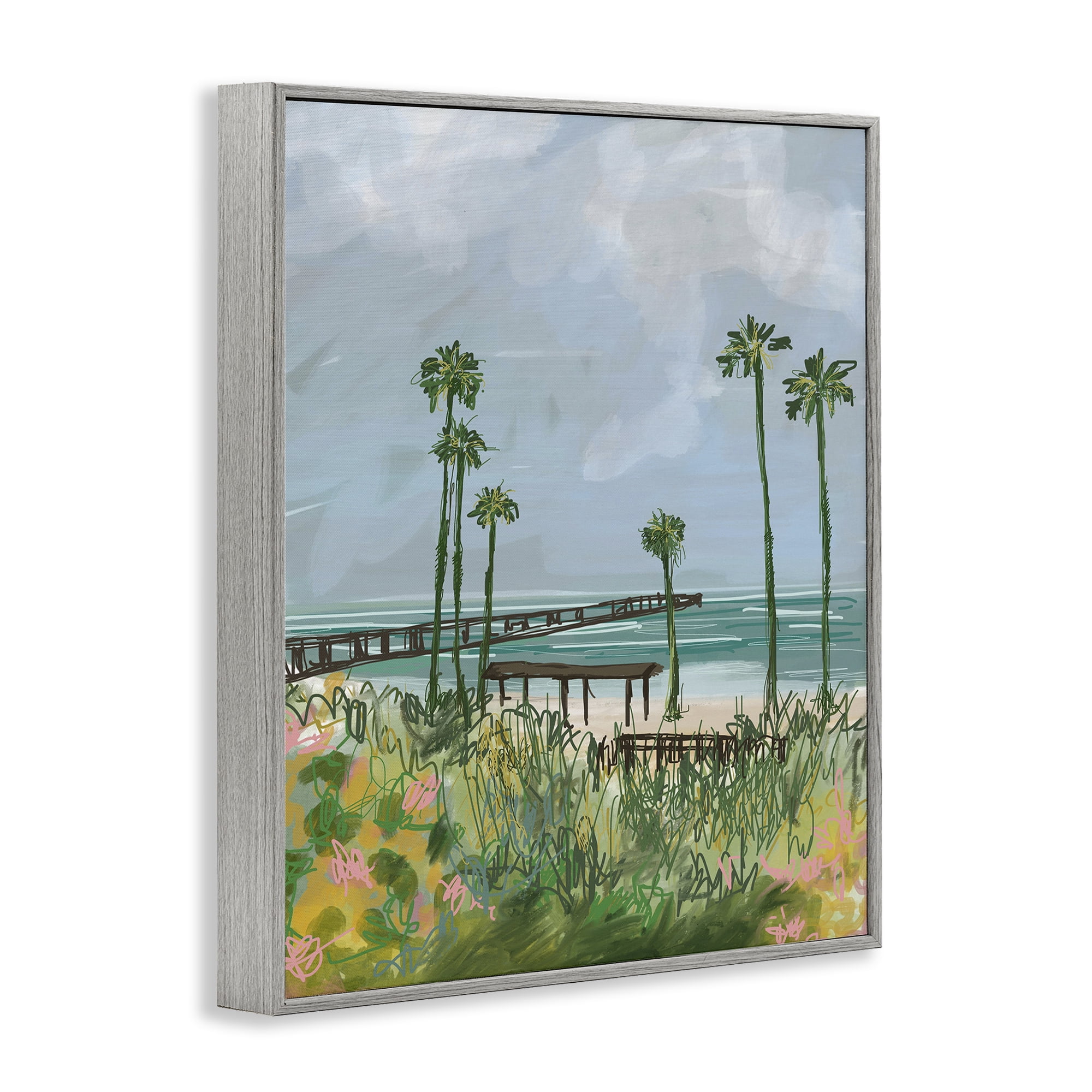 Stupell Industries Palm Trees Dock Scene Landscape Painting Gray Framed Art Print Wall Art, 24 x 30