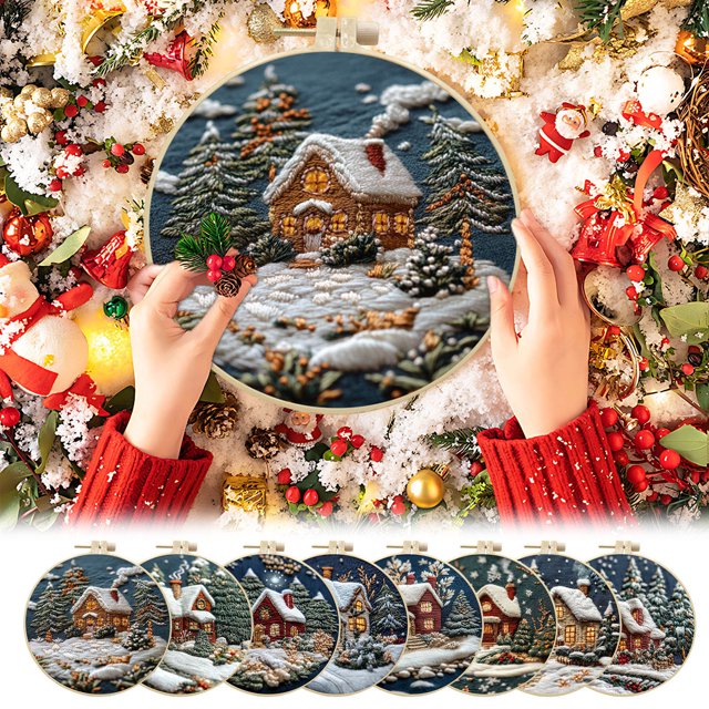 Fiudx Kit de Casa de Nieve Navideña, Bordado a Mano, Set Completo de Manualidades, Hilos y Agujas de Colores, Decoraciones Personalizadas, Adornos Navideños, Tamaño de 15 Cm, Idea de Regalo Única