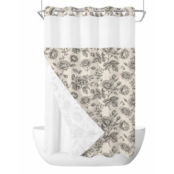 No Hook Shower Curtain, Black Rose Stall Bathroom Curtains with Snap in Liner, Farmhouse Vintage Botanical Floral Burlap Waterproof Washable Fabric Shower Curtain Set, 54" x 78"