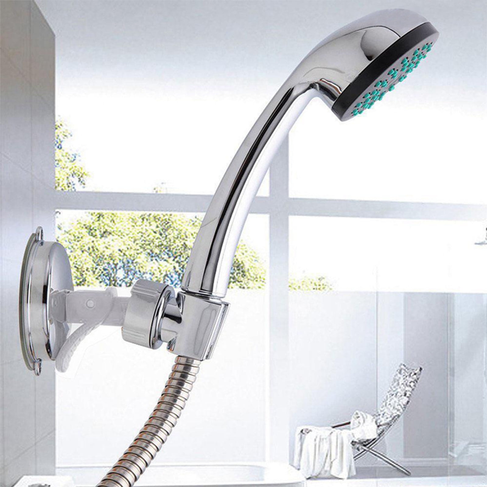 Bathroom Chrome Shower Head Handset Holder Strong Adhesive Wall Mount Drill Fix 