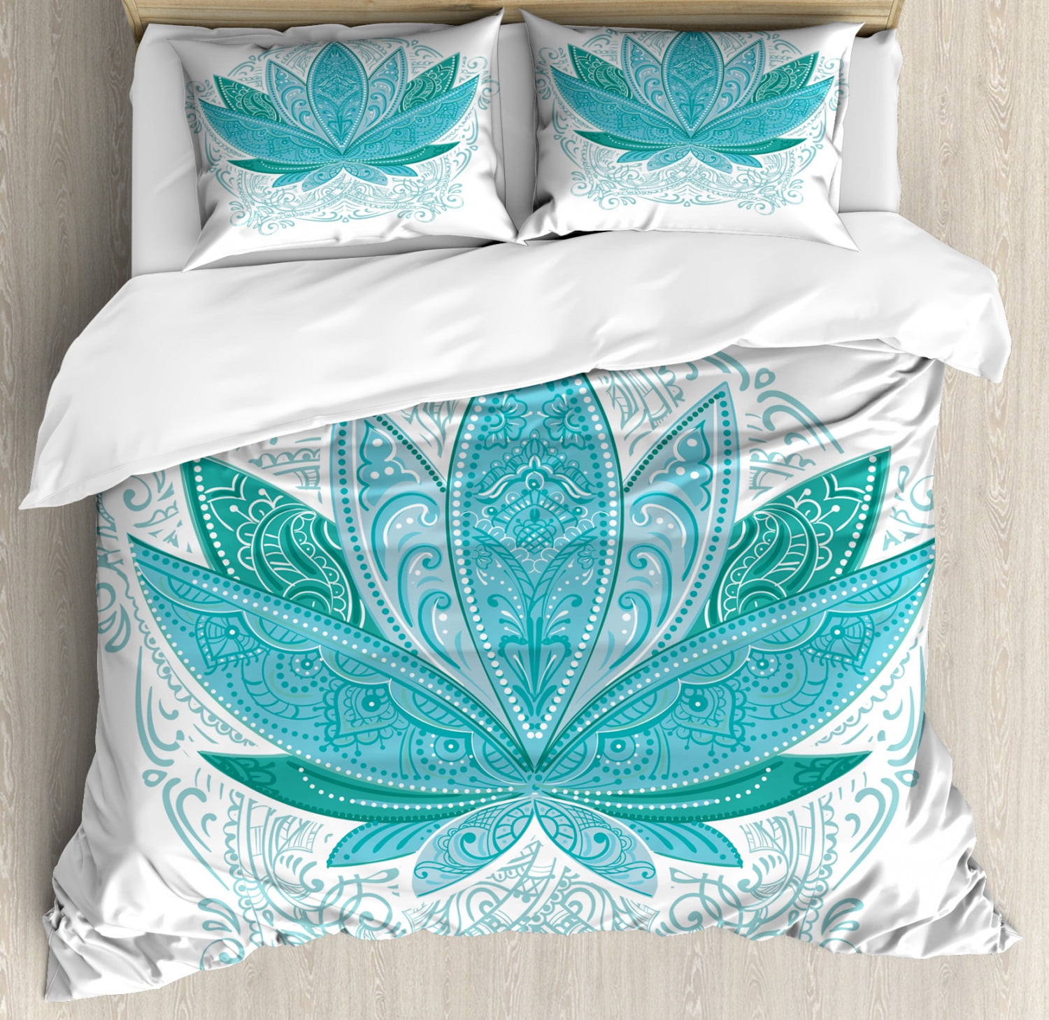 Lotus Duvet Cover Set, Lotus Flower with Ornaments Ethnic Exotic Petals