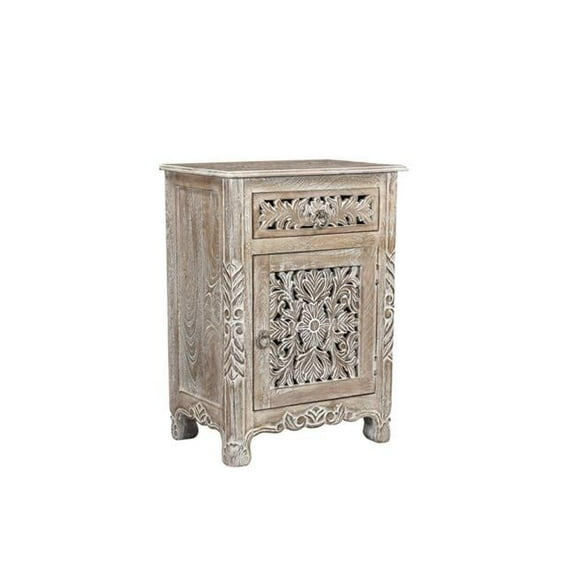 HomeRoots 521202 22 in. One Drawer One Door Floral Carved Nightstand, Gray