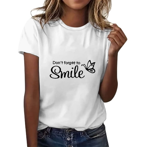 Alun Keep Happy T-Shirts for Women Summer Trendy Crew Neck Short Sleeves Graphic Tee Casual Relaxed Fit Soft Comfortable Daily Tops White XL