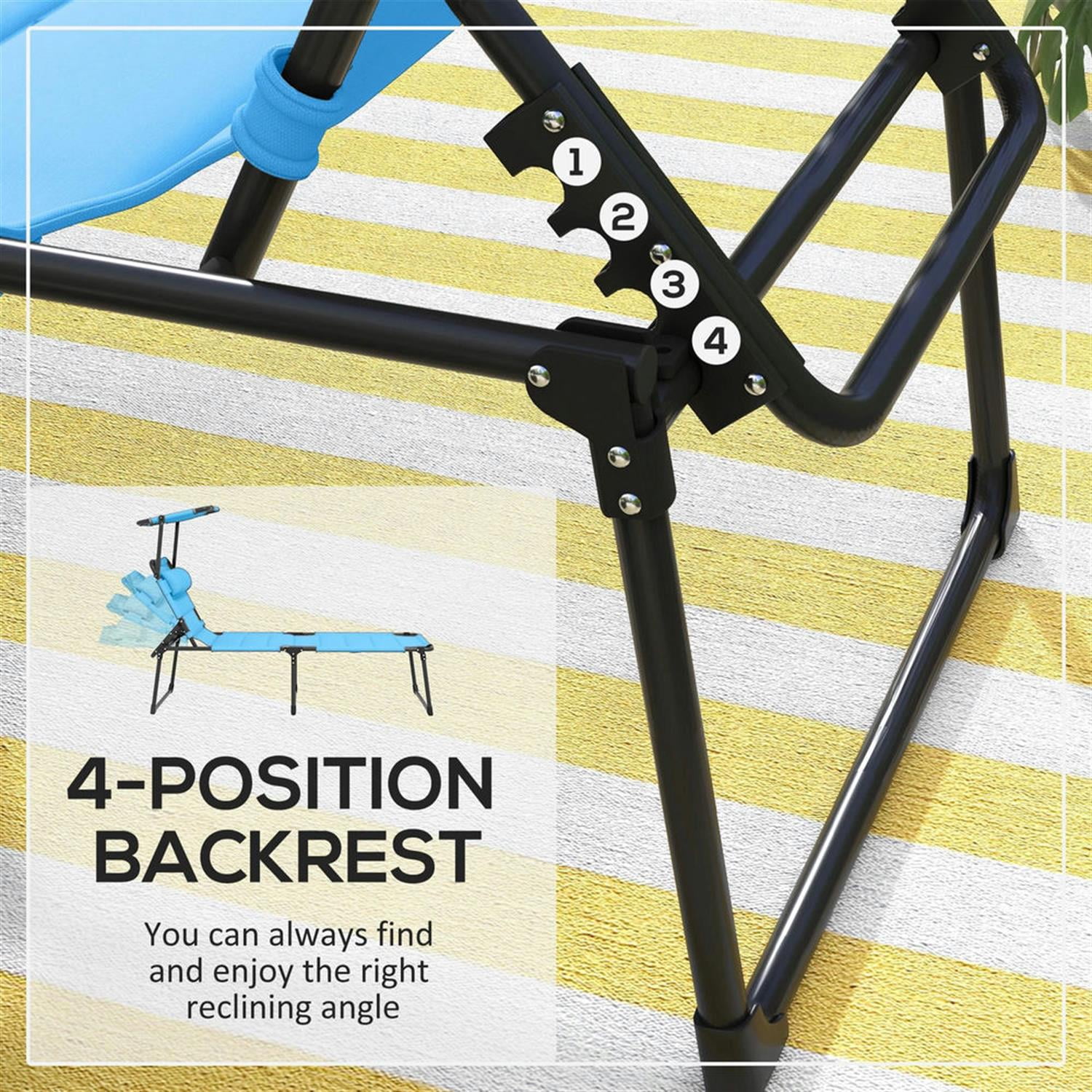 Demi Bonn Outdoor Folding Lounger with 4-Position Reclining, Pillow & Sun Canopy for Relaxing Patio, Deck, Comfortable Sun Protection Seating, Blue