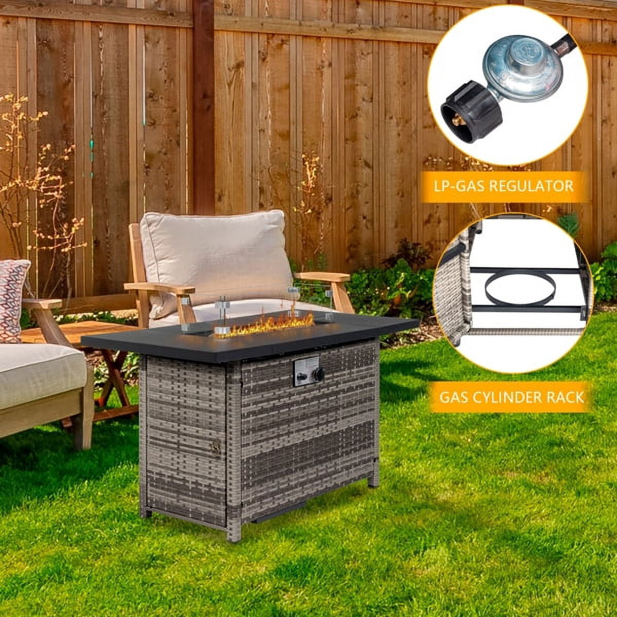 43" Rectangular Gas Fire Pit Table – 50,000 BTU CSA-Certified Outdoor Propane Firepit with Volcanic Stone & Glass Wind Guard