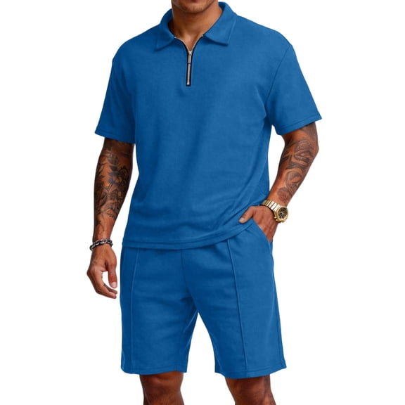 Domzest Mens Two Piece Short Set Quarter Zip Short Sleeve Polo Shirts & Elastic Waist Shorts Summer Outfits Tracksuits Blue L