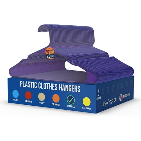 Lifemaster Plastic Clothes Hangers &ndash; Heavy Duty Hanger Set, For Organizing Clothes, Dresses, and Coat, Holds Up To 5 lbs, Space-saving Hangers with Non-Slip Shoulder Grooves, Pack of 5, Purple