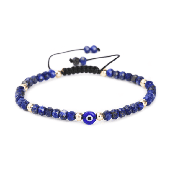 Evil Eye Bracelet - Handmade Natural Stone Lapis Faceted Rondelle Beads - Adjustable Women's Jewelry