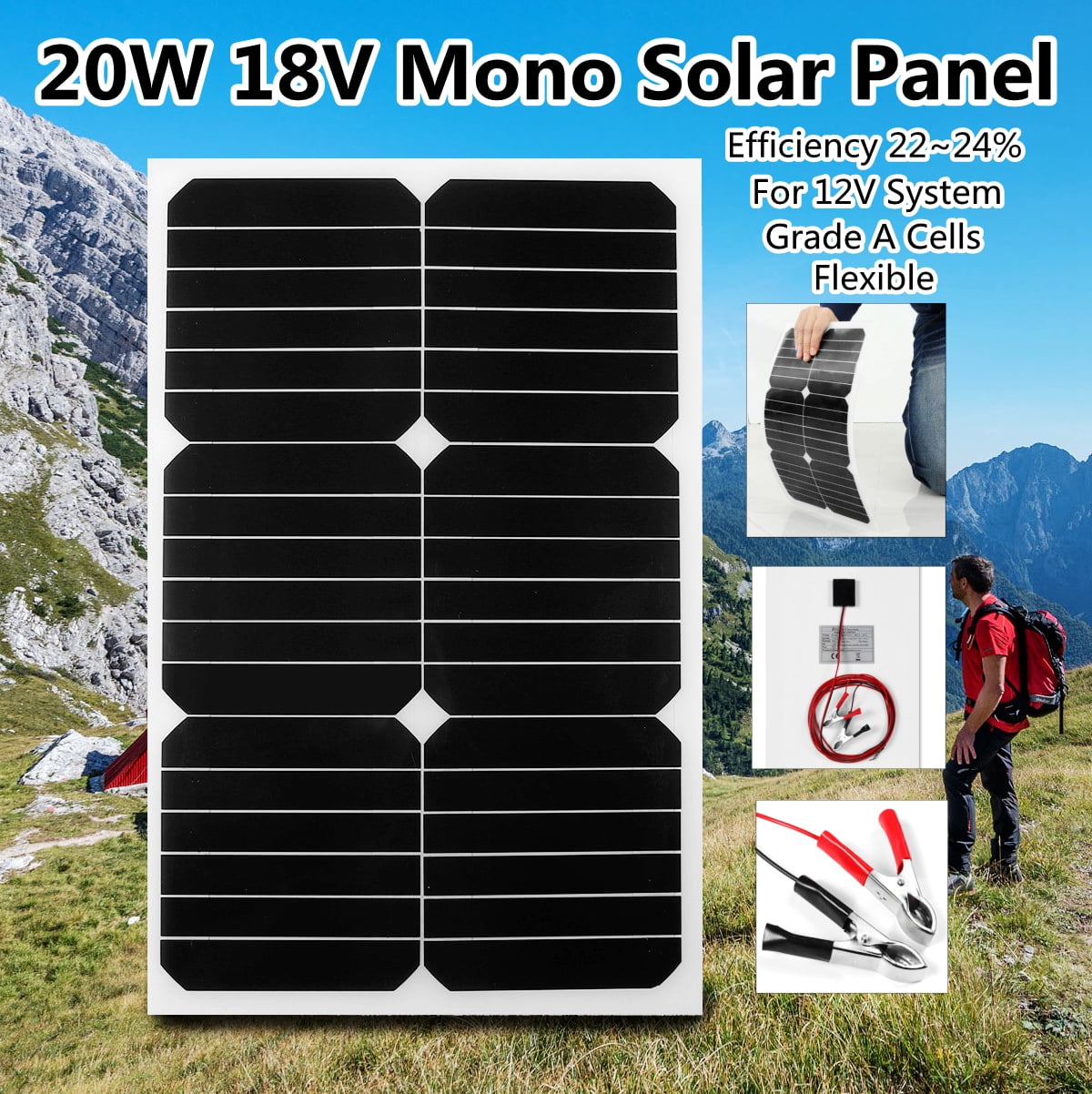20W 18V Elfeland Mono Semi-flexible Solar Panel Battery Charger For Home RV