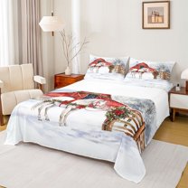 Feelyou White Western Horse Bed Sheets, Vintage Rustic Cabin King Sheets, Christmas Poinsettia Plant Sheet Set, Super Cozy Room Decor, 4pcs