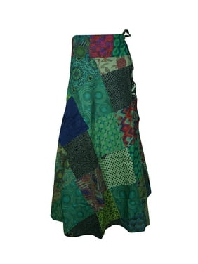Mogul Women Green Cotton Patchwork Long Skirt Printed Ethnic Beach Cover Up Sarong Dress One Size