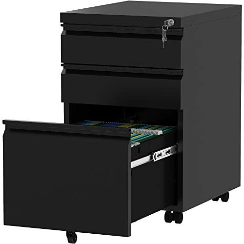 SONGMICS Mobile File Cabinet Stationery Pre-Assembled 15.4 x 17.7 x 21.7 Inches Hold Documents with 3 Drawers Matte Black UOFC63BK Lockable 