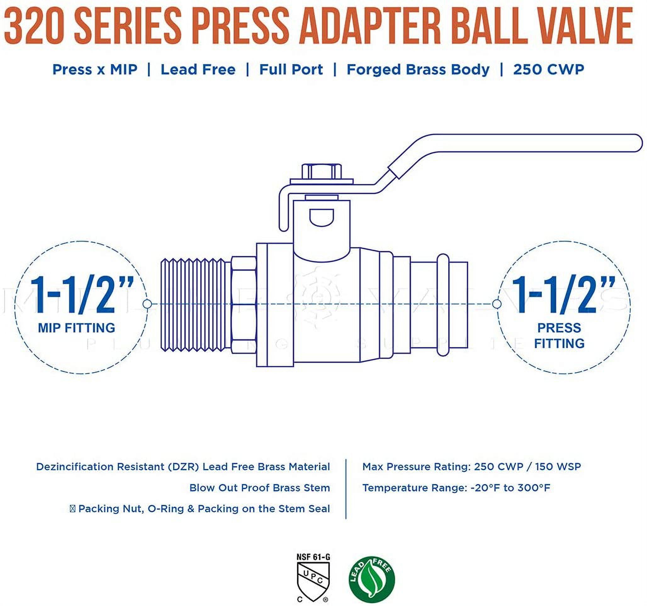 Midline Valve 542112VLVM Premium Adapter Ball Valve, with 1-1/2 in. Press x MIP Connections, Brass