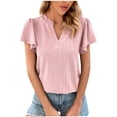 thumbnail image 1 of Women 2023 Summer Tops V Neck Ruffle Short Sleeve Eyelet Blouse Solid Color Soft Lightweight Flowy Shirt Tunic Top, 1 of 7
