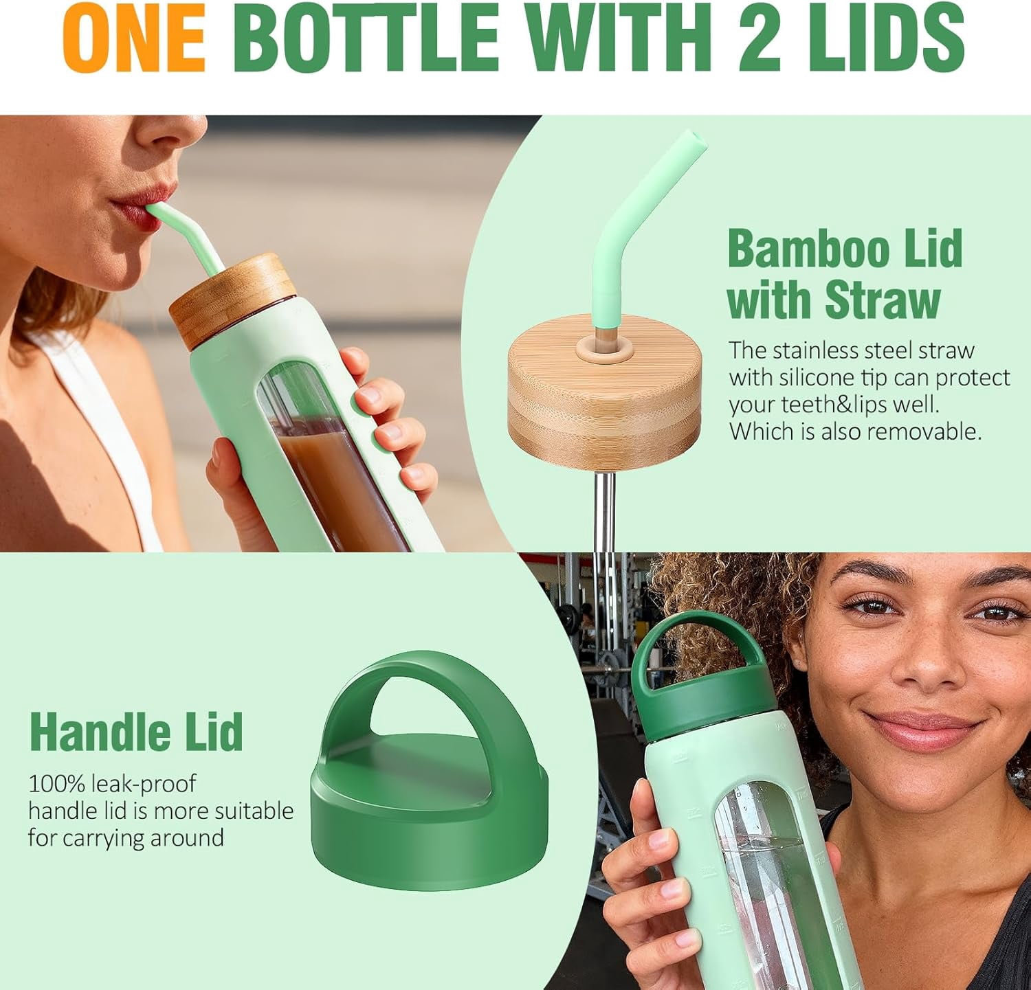 32 oz Glass Water Bottle 1 Liter Tumbler with Straw Reusable Drinking Bottles 2 Lids-Handle Lid&Bamboo Straw Lid Silicone Sleeve for Sports Home 1 Pack-Mustard