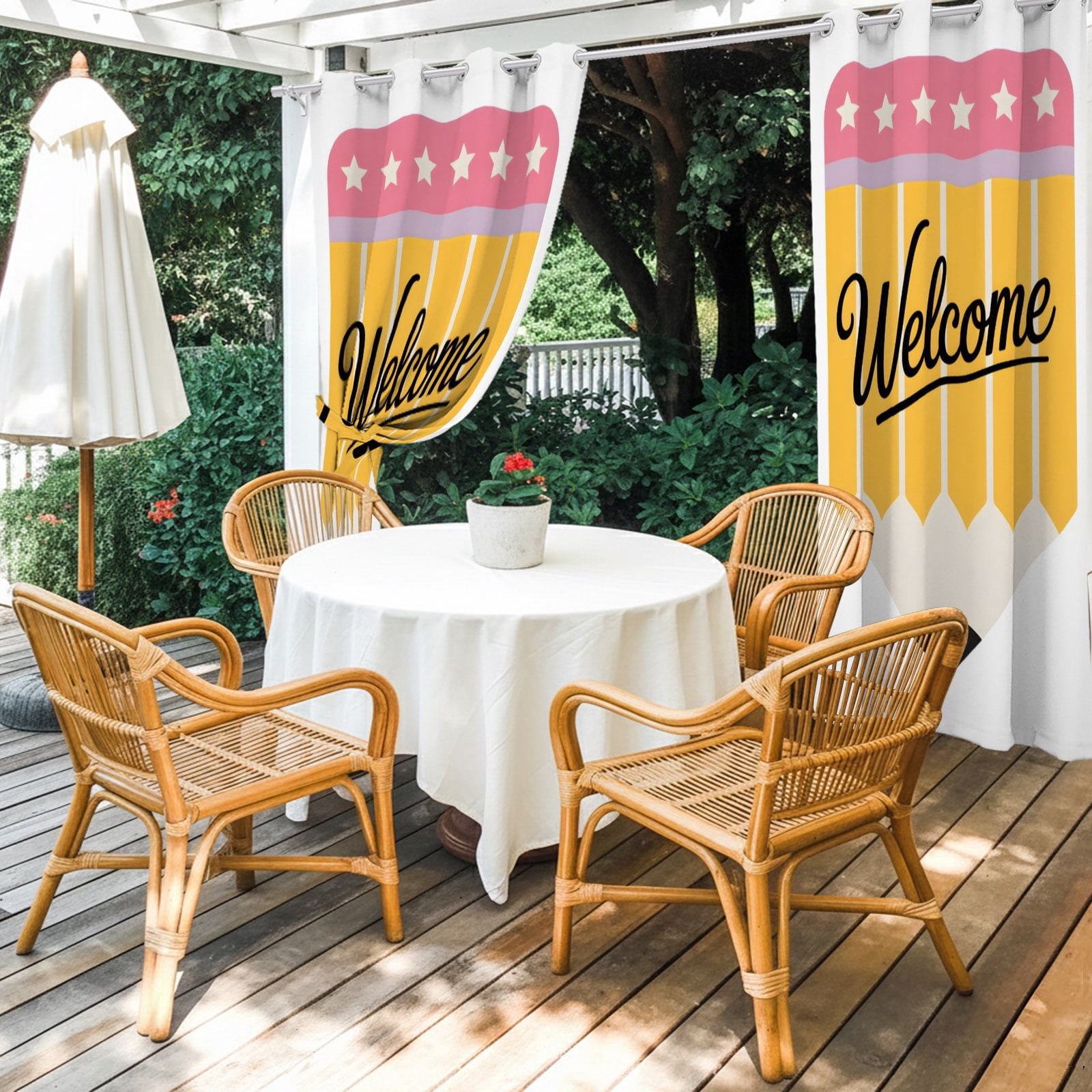 Yellow Pencil Outdoor Curtains for Patio, Welcome Back to School Academic Simple Sunshade Privacy Drapes Grommet Waterproof Outside Curtains for Porch/Cabana/Balcony 54"x 108", 1 Panel