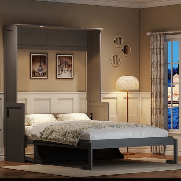 MODERNLUXE Queen Size Murphy Bed with LED Light and USB Charging Station, Wall Bed with Desktop, Gray