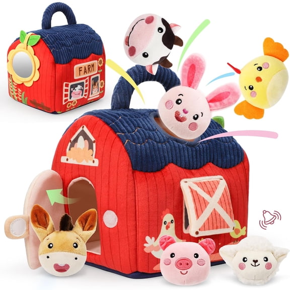 BUTOMKY Montessori Soft Sensory Barn Toy Set - Stuffed Farm Animals with Crinkle Rattle , Plush Red Barn Infant Toys for 0-18 Months Babies & Toddlers 1-3 Years,Christmas Birthday Gifts