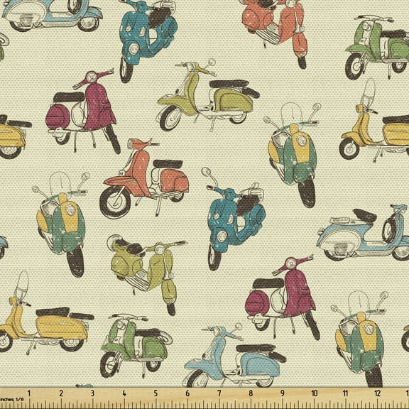 Motorcycle Fabric by The Yard, Colorful Scooter Sketches in Retro Style Continuous Pattern Art, Decorative Fabric for Upholstery and Home Accents, 1 Yard, Eggshell Aqua, by Ambesonne