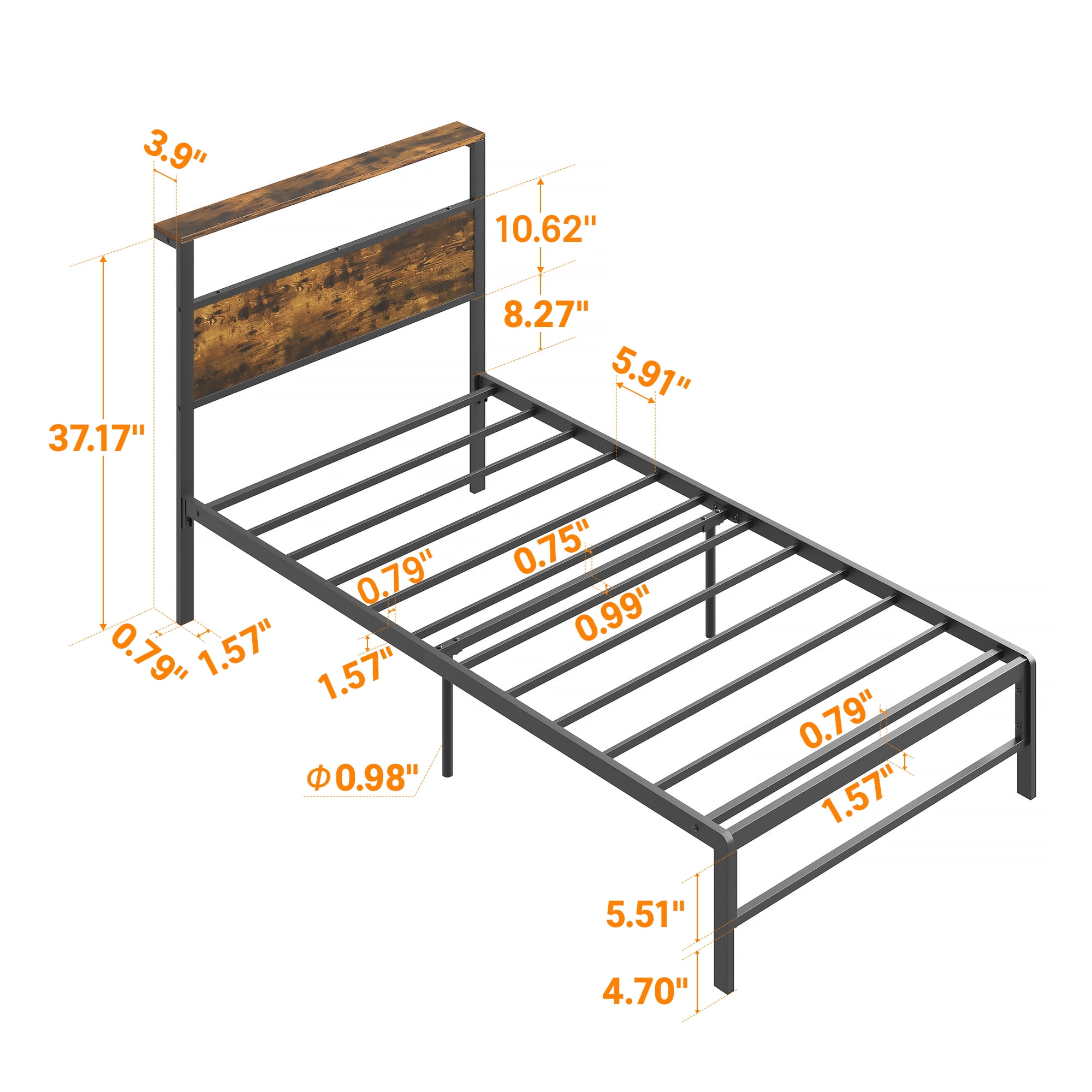 Yoneston Kids Twin Size Metal Platform Bed Frame with Storage Headboard, 12" Mattress Foundation for Childs Adults, Caramel Brown