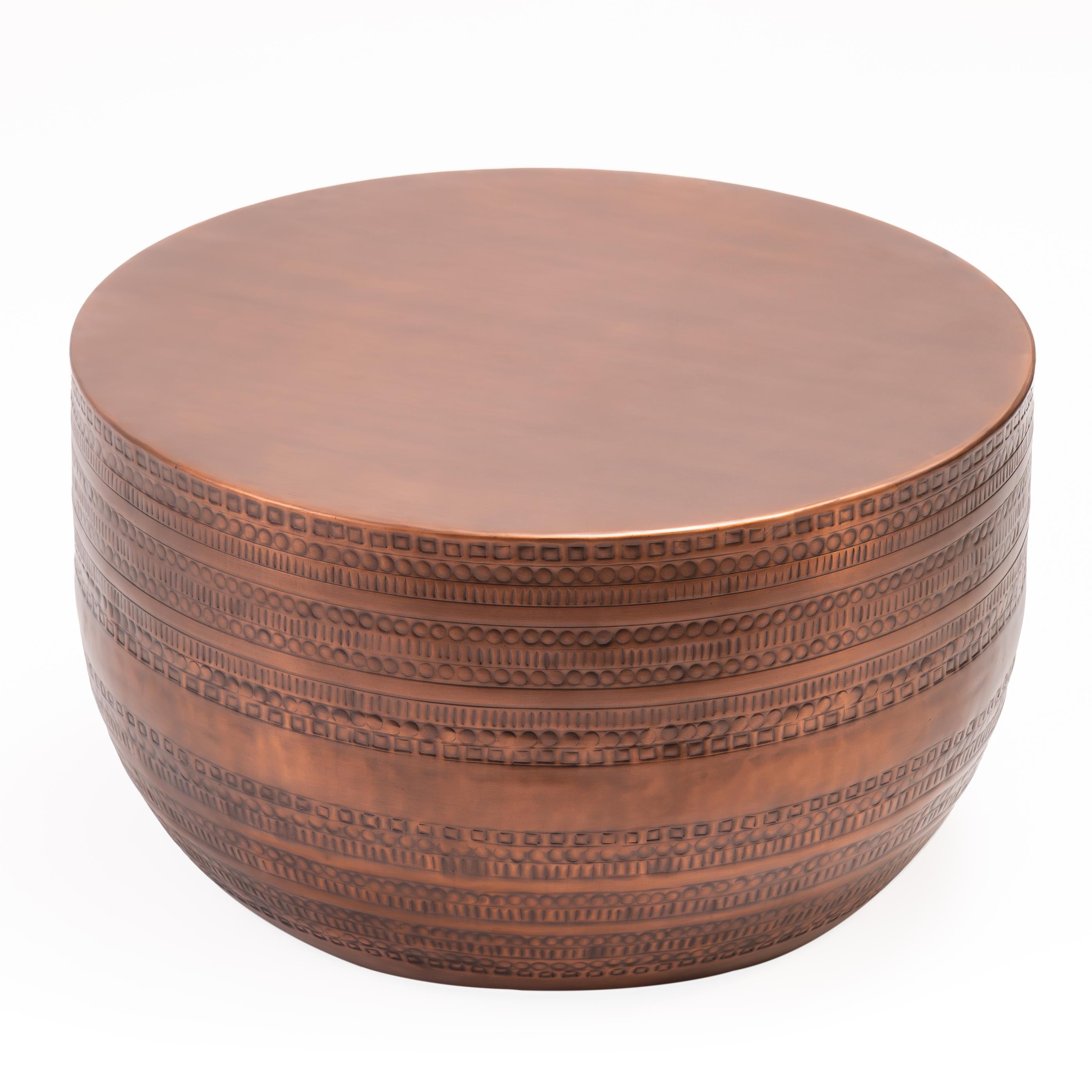 Modern Round Aluminum Hammered Embossed Texturing Metal Drum Coffee Table, Hand-Stamped Iron, Boho Accent Cylinder Drum Coffee Table, Cocktail Table, Copper