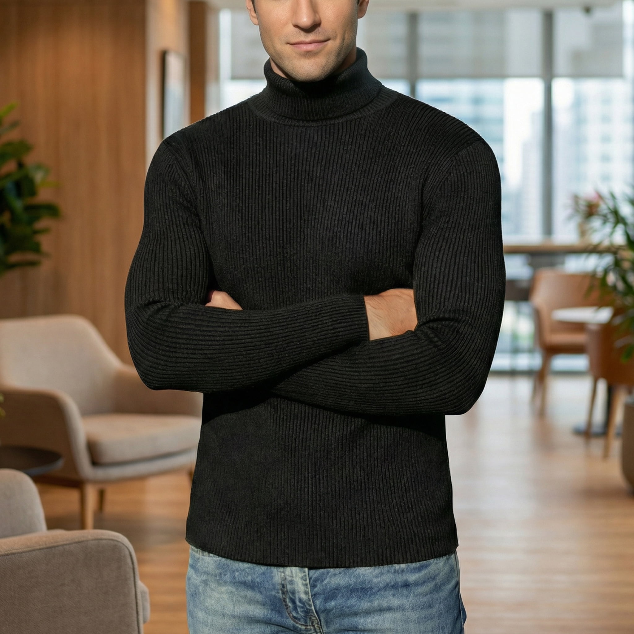 COOFANDY Mens Ribbed Slim Fit Knitted Pullover Turtleneck Sweater White