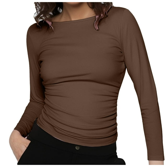 Going Out Tops for Women Fall Long Sleeve Boat Neck Fitted Solid Color Basic Clothes Womens Plain Tshirts Coffee M