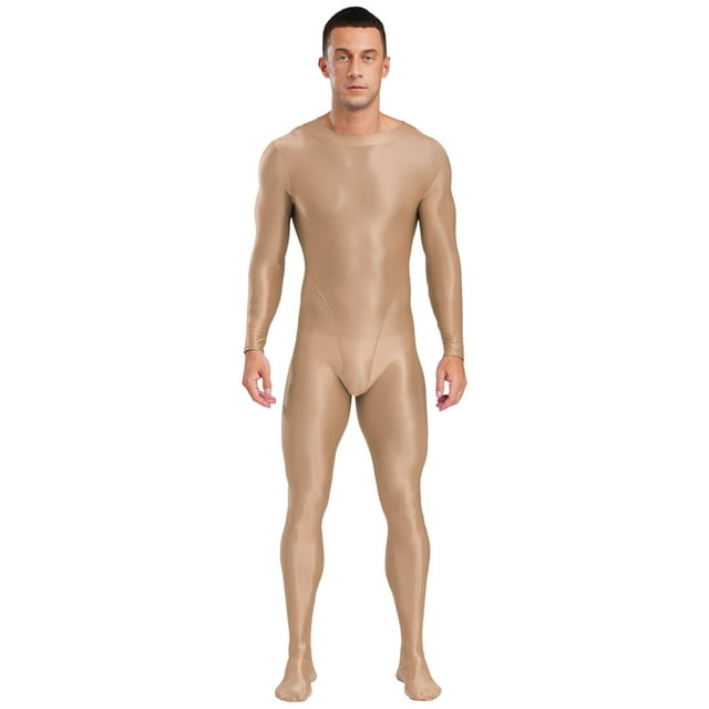 Aiihoo Combinaison à Manches Longues pour Hommes, Justaucorps Complet Unitard Brillant, Café 3TG