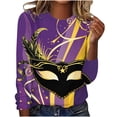 thumbnail image 2 of TrendVibe365 Mardi Gras Womens Long Sleeve Tops Plus Size Dressy Plus Size Round Neck Polyester Casual Mask Printed Mardi Gras Celebrations Blouse Tops for Mardi Gras Event Purple 3XL, 2 of 4