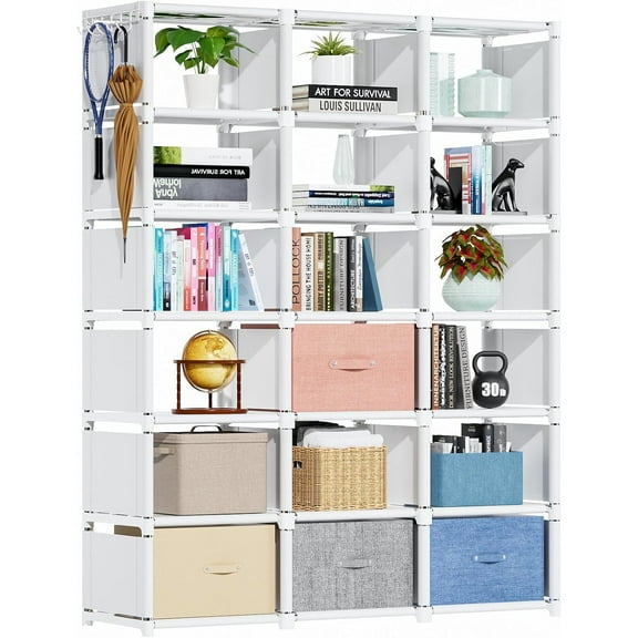 Book Shelf, 18 Cube Storage Organizer, DIY Bookcase, Metal Cube Bookshelf, Tall Book case for Bedroom, Living Room, Office, Closet Storage Organizer, Black Cubicle Storage Rack-White