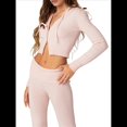 thumbnail image 3 of Conjunto de Dos Piezas de Punto para Mujer: Suéter de Larga con Cremallera, Sudadera Corta con Capucha y Pantalón Acampanado. Rosa M, 3 of 8