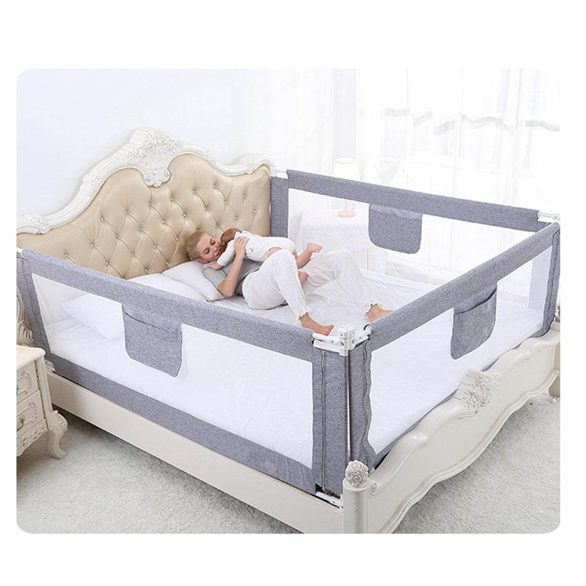 Toddlers Infants-Grey Color Queen Size Bed Safety Bed GuardRail Bed Fence for Children 2 M for length side and 1.5 M for feet side 2 Set for 2 Sides