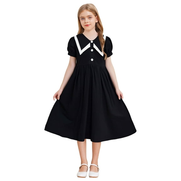 TSSOE Kids Girls School Uniform Dress Contrasting Trim Collar Puff Sleeve Button Down Summer Casual T-Shirt Dress Black 7-8