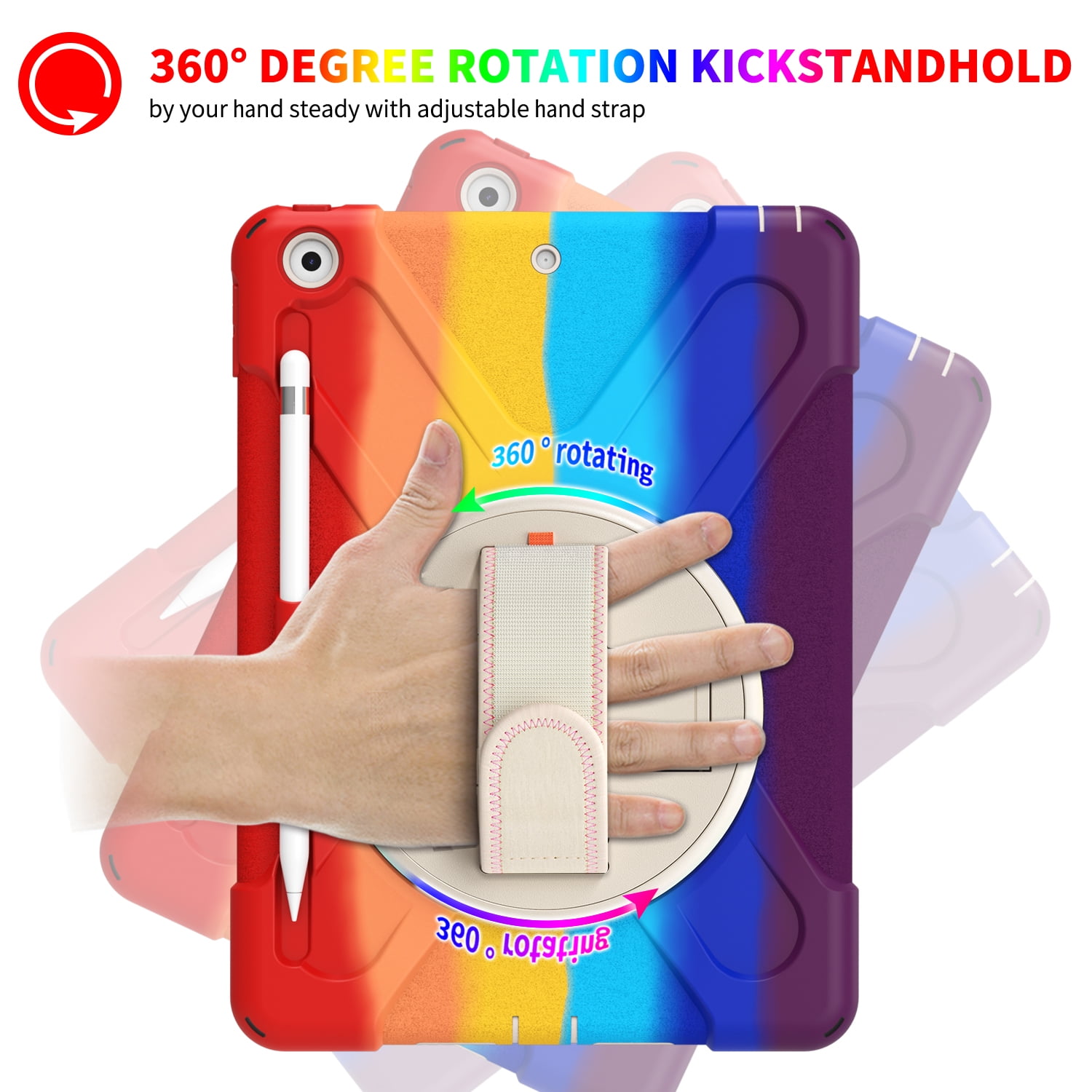 iPad 6th/5th Generation Case Kids, iPad 9.7 Case with Pencil Holder, Heavy Duty Shockproof Protective Rugged iPad 9.7 Case with Stand/Hand Strap for iPad Air 9.7-inch 2018/2017 - Rainbow Red