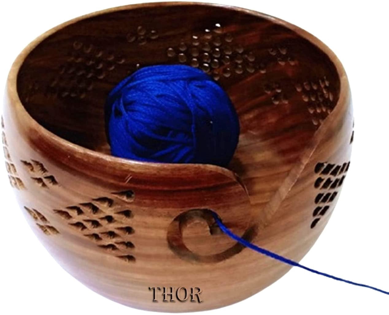 Wood Yarn Storage Bowl with Carved Holes & Drills Knitting Crochet Accessories