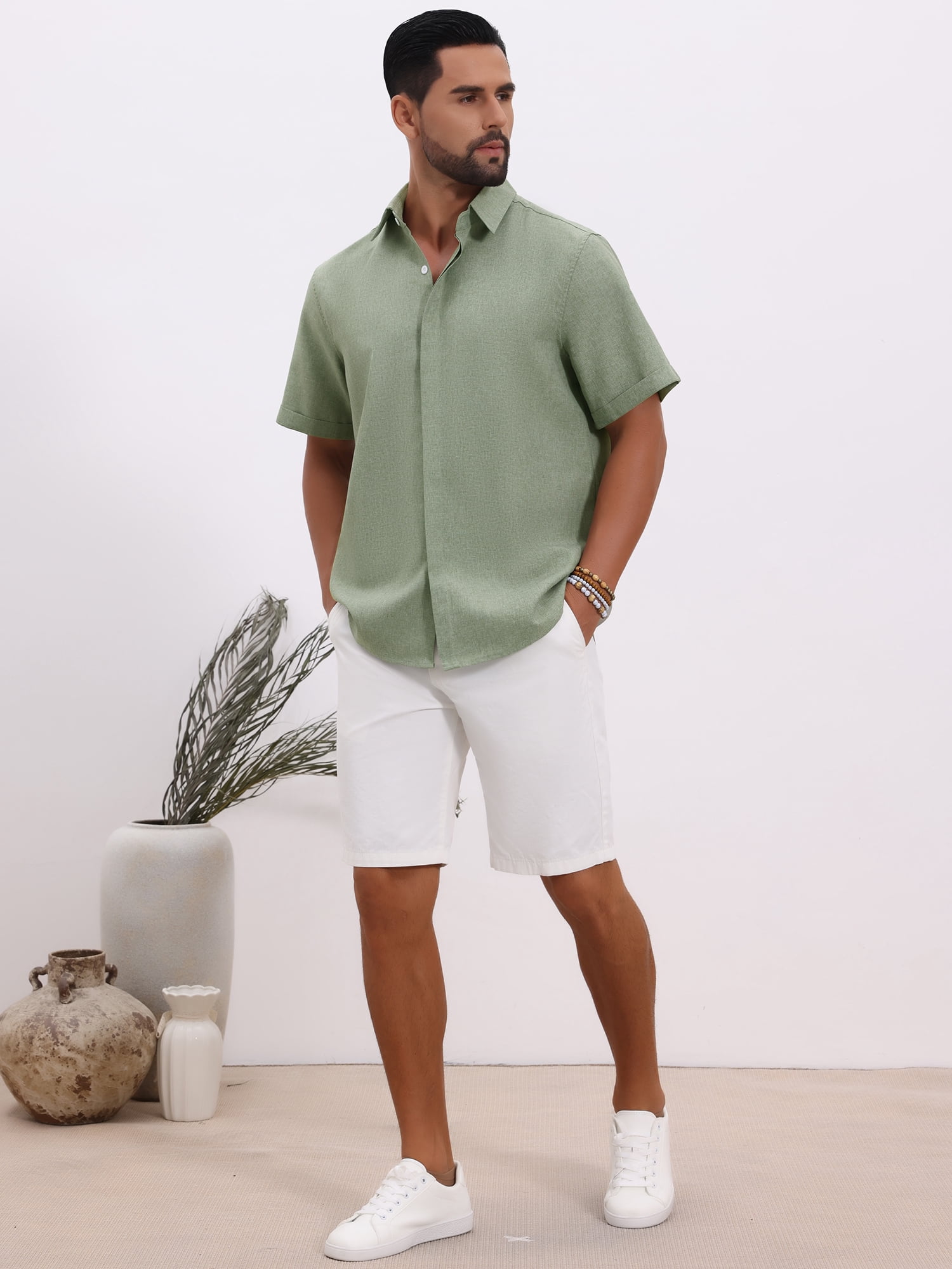 DARING DIVA Men's Solid Summer Short Sleeve Button Down Linen Shirts M Light Green