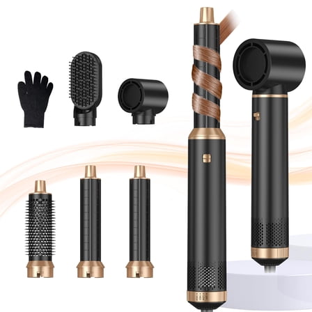 5-in-1 Hot Air Brush & Curling Iron, Negative Ion Hair Dryer Brush with Rotating Barrels, 3 Heat Settings for Drying, Straightening, Curling, Volumizing All Hair Types