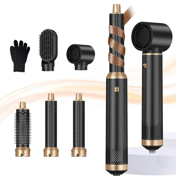 5-in-1 Hot Air Brush & Curling Iron, Negative Ion Hair Dryer Brush with Rotating Barrels, 3 Heat Settings for Drying, Straightening, Curling, Volumizing All Hair Types