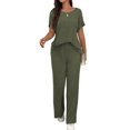 thumbnail image 2 of Women'S 2pcs Casual Short Sleeve Solid Color Top and Long Pants Trouser, 2 Piece Outfits Set for Women Army Green M, 2 of 8