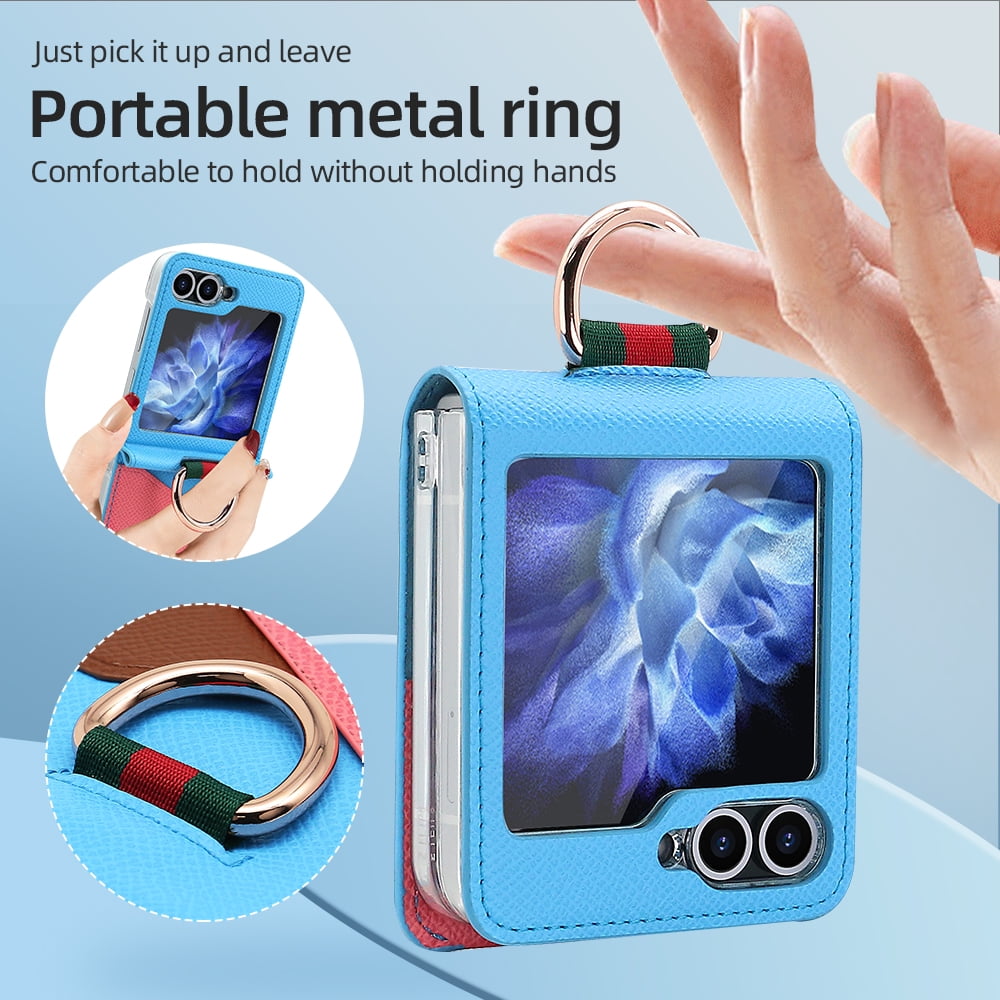 Fashion contrast color leather phone case for Samsung Galaxy Z flip 6 5 4 3 flip6 flip5 ring holder card slot folding cover