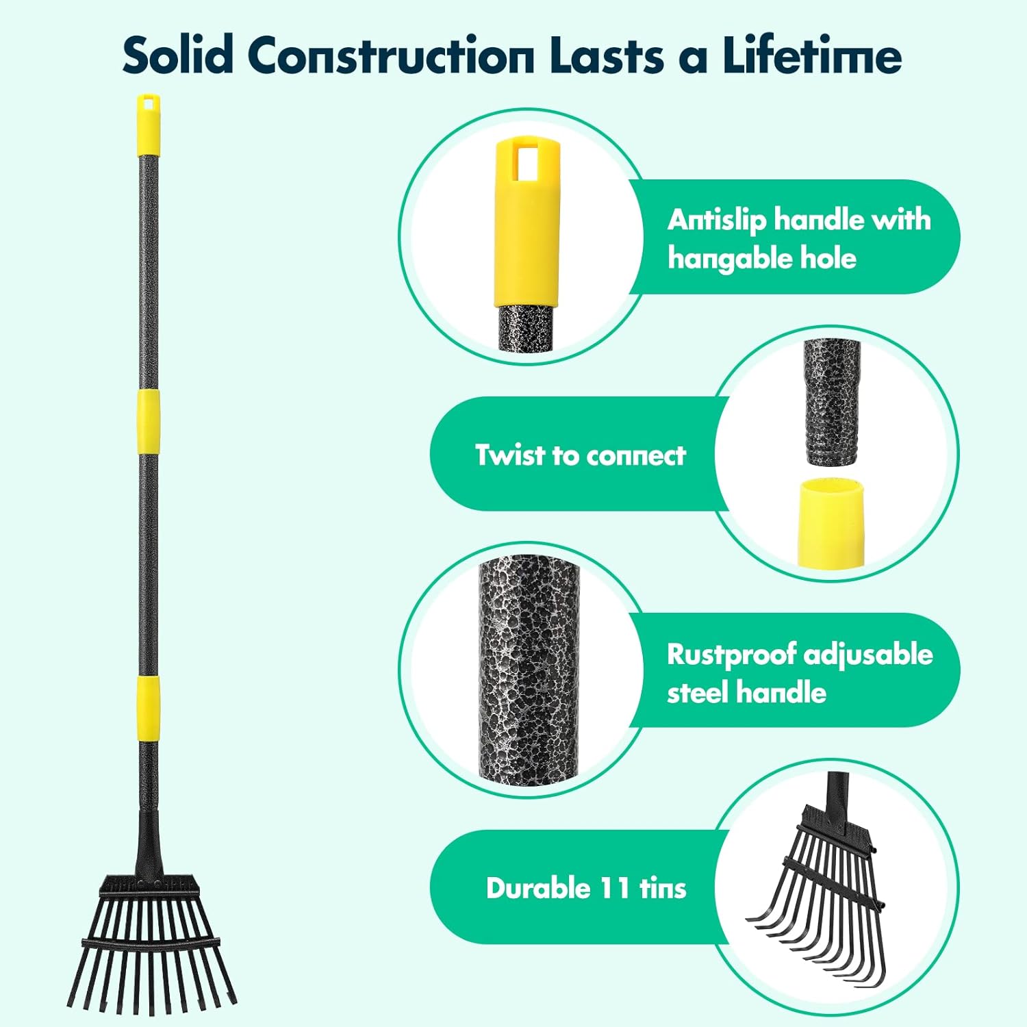 OLIYNEDY 60 inch Heavy Duty Small Garden Rake 11 Metal Tines -8.5 inch Wide, Adjustable Steel Handle